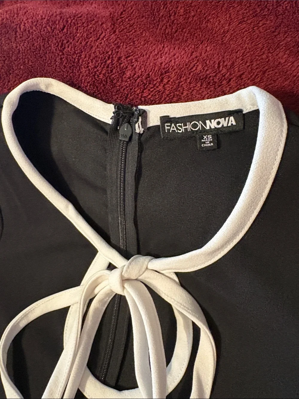 Fashion Nova Black Dress with Cream Contrast Trim and Tie Neck